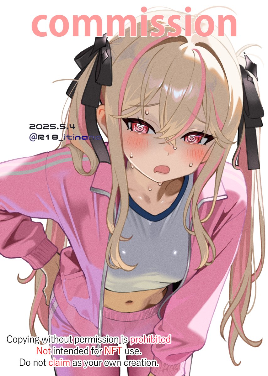 1girl 2025 @_@ black_ribbon blonde_hair breasts character_request commentary_request commission copyright_request crop_top crossed_bangs dated furrowed_brow hair_between_eyes hair_ribbon hand_on_own_hip highres itinana jacket leaning_forward long_hair long_sleeves looking_at_viewer midriff multicolored_hair navel open_clothes open_jacket open_mouth pants pink_eyes pink_hair pink_jacket pink_pants ribbon shirt skeb_commission solo streaked_hair twintails two-tone_hair variant_set watermark white_shirt