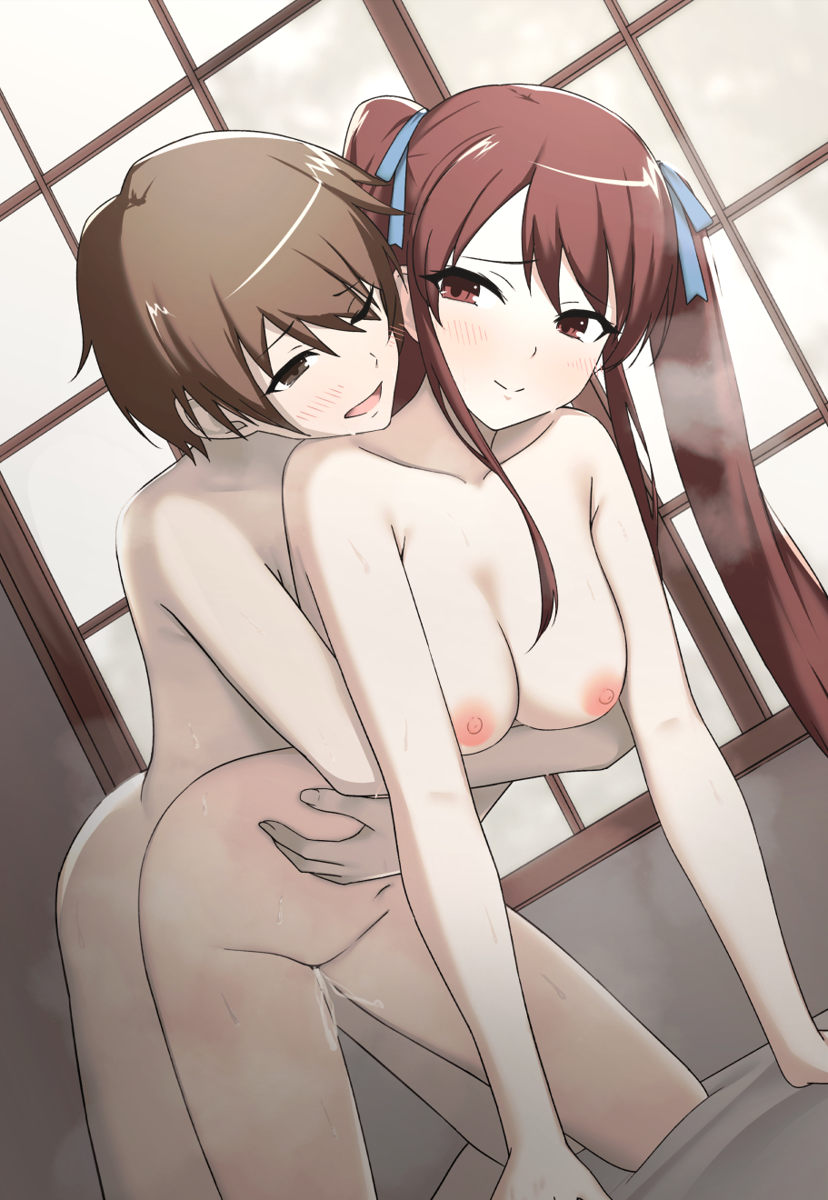 1boy 1girl akazawa_izumi all_fours another blue_ribbon breasts brown_eyes brown_hair clenched_teeth closed_mouth collarbone commentary_request completely_nude cum cum_in_pussy doggystyle dutch_angle hair_ribbon hetero highres hug hug_from_behind long_hair medium_breasts munemori_(rknd2585) navel nipples nude one_eye_closed open_mouth ribbon sakakibara_kouichi sex sex_from_behind short_hair smile sweat teeth twintails variant_set