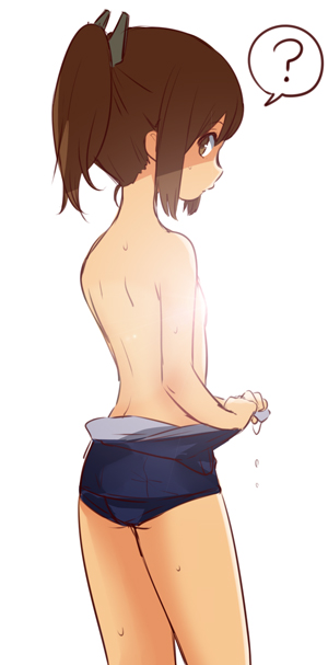 10s 1girl ? blush brown_eyes brown_hair clothes_pull female_focus i-401_(kancolle) ica kantai_collection looking_at_viewer one-piece_swimsuit one-piece_swimsuit_pull personification ponytail school_swimsuit short_hair short_ponytail sketch solo swimsuit undressing wringing_clothes