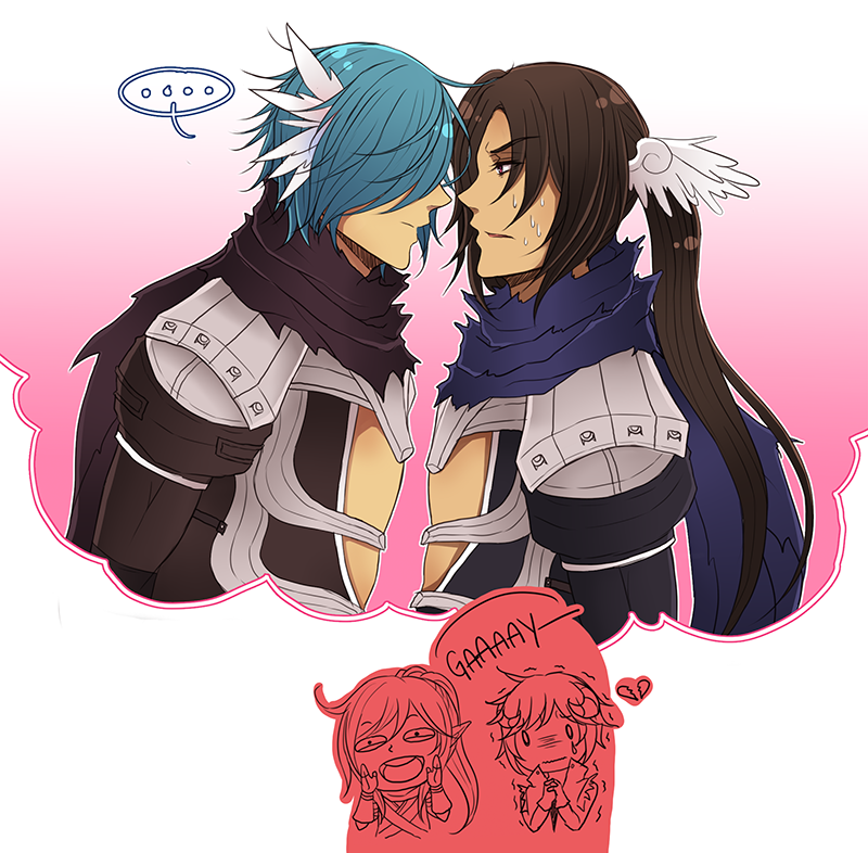 ... 4boys armor assassin_(ragnarok_online) assassin_cross_(ragnarok_online) black_scarf black_shirt blue_hair blue_scarf broken_heart brown_hair feathered_wings head_wings heart long_hair looking_at_another male_focus multiple_boys open_mouth pauldrons ragnarok_online red_scarf rinslette scarf shirt short_hair shoulder_armor spoken_ellipsis upper_body white_wings whitesmith_(ragnarok_online) wings yaoi