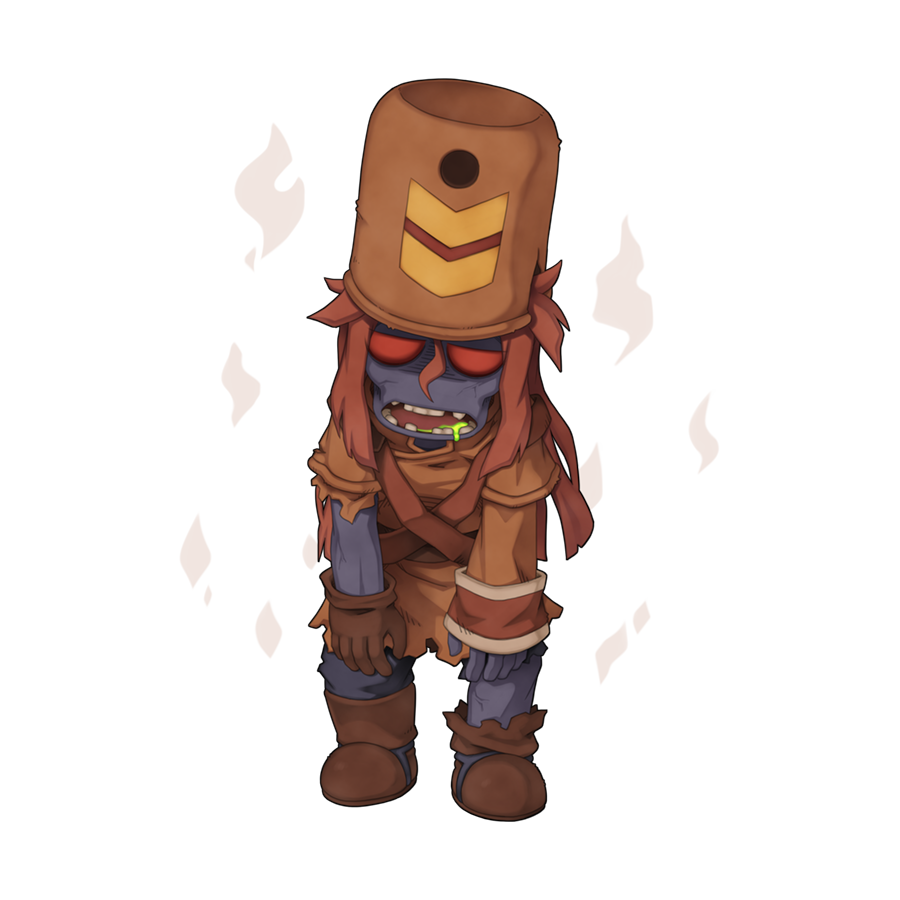 1girl boots brown_boots brown_hair brown_hat brown_tunic chibi chibi_only colored_sclera colored_skin full_body grey_skin hat long_hair looking_at_viewer messy_hair missing_tooth no_pupils official_art open_mouth prontera_guard ragnarok_online red_sclera shako_cap simple_background solo standing torn_tunic transparent_background tunic yuichirou zombie zombie_guard