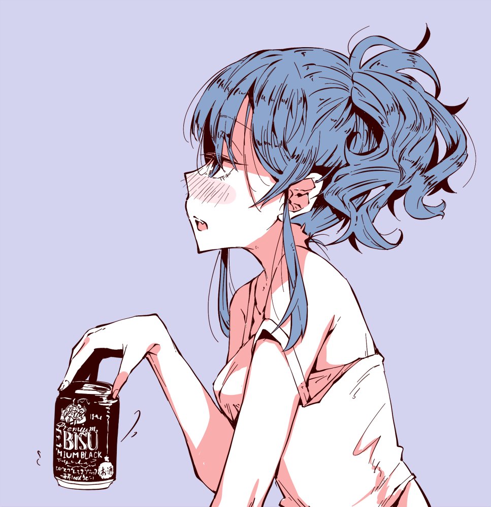 1girl beer_can blue_eyes blue_hair blush camisole can character_request copyright_request drink_can drunk fang from_side holding holding_can long_hair messy_hair open_mouth ponytail shimazaki1152 sidelocks tagme upper_body yebisu