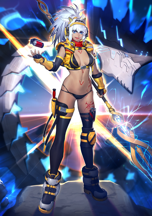 1girl animal_ears arm_at_side armor armored_gloves asymmetrical_gloves azusa_(hws) bandana bandana_around_neck belt bikini black_bikini black_gloves black_hairband black_thighhighs blue_background blue_eyes boots bracer breasts breasts_apart caenis_(fate) caenis_(swimsuit_rider)_(fate) caenis_(swimsuit_rider)_(third_ascension)_(fate) camouflage chest_belt chest_harness chest_tattoo diffraction_spikes elbow_gloves fate/grand_order fate_(series) fingerless_gloves fingernails fishnets full_body game_cg gloves glowing hair_intakes hairband hand_up harness headphones headset high_ponytail holding holding_polearm holding_weapon horizon implied_extra_ears knee_pads leg_tattoo legs_apart long_hair looking_at_viewer medium_breasts microphone monster multi-strapped_bikini_bottom navel official_art open_mouth polearm ponytail red_bandana red_tattoo shoulder_pads sidelocks single_knee_pad solo standing stomach stomach_tattoo swimsuit tattoo teeth thigh_strap thighhighs third-party_source tossing underbust uneven_gloves v-shaped_eyebrows variant_set weapon weapon_request white_hair white_nails wide_ponytail yellow_armor yellow_belt