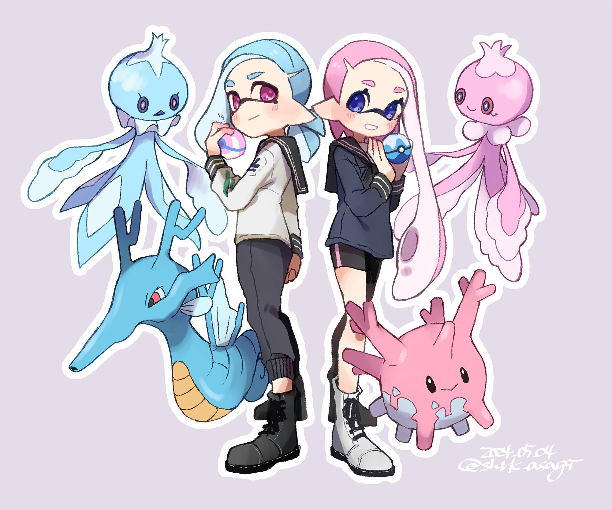 2girls black_footwear black_pants blue_eyes blue_shirt blush corsola frillish frillish_(female) frillish_(male) gen_1_pokemon gen_2_pokemon gen_5_pokemon highres inkling inkling_girl inkling_player_character multiple_girls nintendo pants pokemon pokemon_(creature) red_eyes seadra shirt shrk_asagi signature simple_background splatoon_(series) splatoon_2 suction_cups tentacle_hair white_background white_footwear white_shirt