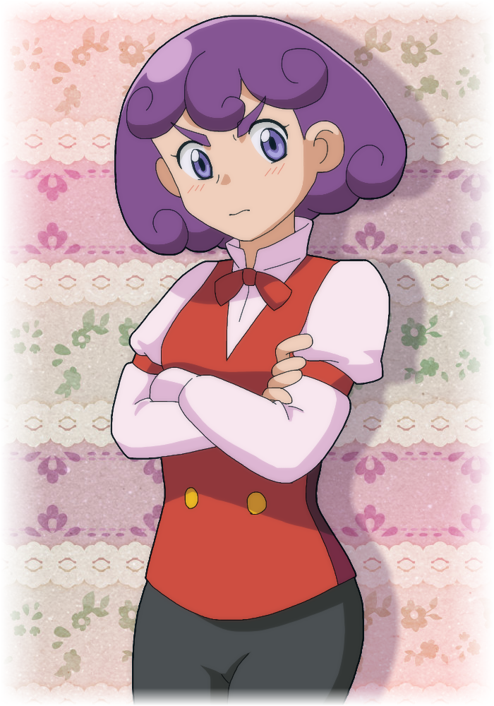 1girl black_pants burgundy_(pokemon) female_focus karen_(1217karen) long_sleeves nintendo pants pokemon pokemon_(anime) pokemon_bw_(anime) purple_eyes purple_hair short_hair solo standing thick_eyebrows