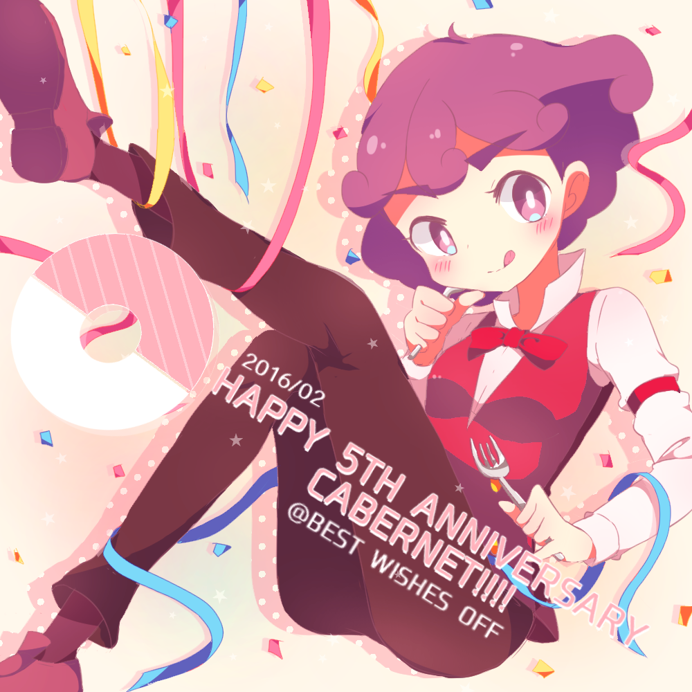 1girl 33lol black_pants blush bow bowtie burgundy_(pokemon) curly_hair english_text fork graphite_(medium) mechanical_pencil nintendo pants pencil pokemon pokemon_(anime) pokemon_bw_(anime) purple_eyes purple_hair red_footwear short_hair thick_eyebrows tongue tongue_out traditional_media vest