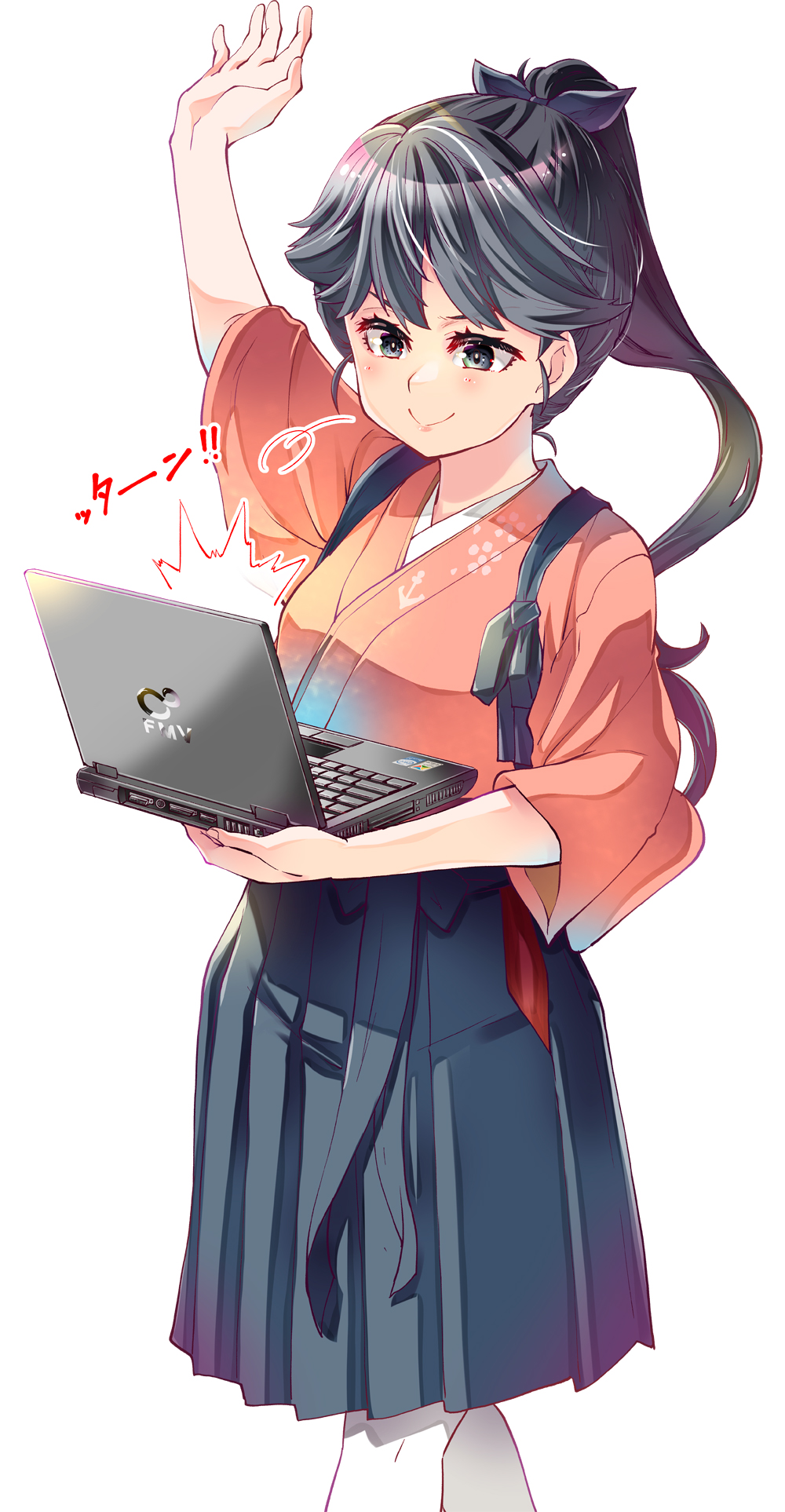 1girl black_hakama black_ribbon computer grey_eyes hair_ribbon hakama hakama_short_skirt hakama_skirt high_ponytail highres holding holding_laptop houshou_(kancolle) imu_sanjo japanese_clothes kantai_collection kimono laptop long_hair pantyhose pink_kimono ponytail ribbon skirt smile solo tasuki very_long_hair white_background white_pantyhose