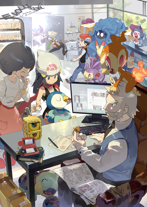 2girls 3boys ambipom anger_vein apron barry_(pokemon) beanie black_shirt blonde_hair blue_vest box cardboard_box chimchar computer_keyboard dawn_(pokemon) desk drapion e_volution gen_4_pokemon hat holding indoors johanna_(pokemon) long_sleeves lucas_(pokemon) mime_jr. monitor multiple_boys multiple_girls necktie nintendo on_head on_lap paper pink_apron piplup pointing pokemon pokemon_(creature) pokemon_dppt pokemon_on_head pokemon_on_lap professor_rowan scarf shelf shirt sitting sleeveless sleeveless_shirt tangrowth turtwig vest waist_apron white_shirt