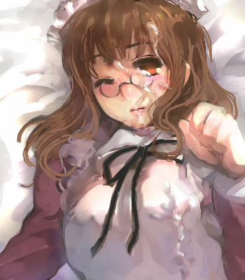 1girl apron artist_request bed_sheet black_ribbon breasts brown_hair clenched_hand closed_mouth cum cum_on_body cum_on_clothes cum_on_eyewear cum_on_hair facial futaba_channel glasses hand_up large_breasts long_hair long_sleeves lowres lying maid maid_apron maid_headdress neck_ribbon nemui nijiura_maids on_back one_eye_closed orange_eyes pince-nez ribbon solo third-party_source white_apron