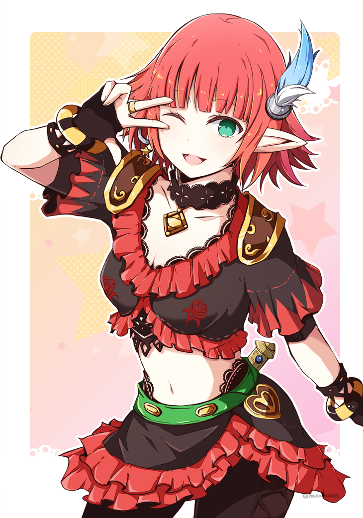 1girl ;d aqua_eyes belt black_choker black_gloves black_pants black_shirt bracelet breasts choker cleavage collarbone cowboy_shot dancer dancer_(final_fantasy) earrings elf elvaan final_fantasy final_fantasy_xi flamenco floral_print frilled_shirt frills gloves green_belt hair_ornament half-elf half_gloves heart hoop_earrings hume jewelry legs_apart lilisette looking_at_viewer medium_breasts ntapopo one_eye_closed open_mouth outline pants pointy_ears red_hair ring rose_print shirt short_hair short_sleeves single_earring smile solo standing star_(symbol) v v_over_eye white_outline