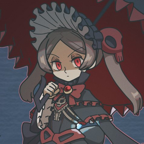 1girl alternate_costume bloody_marie_(skullgirls) blue_background bonnet bow frilled_sleeves frills grey_hair hair_ornament high_collar holding holding_umbrella kuroirozuki looking_at_viewer red_eyes skull_hair_ornament skullgirls solo twintails umbrella upper_body