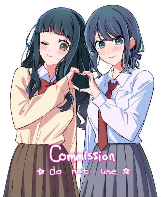 2girls ;) black_hair black_ribbon blush bow bowtie brown_necktie brown_skirt brown_sweater collared_shirt commission cowboy_shot english_text green_eyes grey_background grey_skirt hair_ribbon heart heart_hands heart_hands_duo kurokawa_akane long_hair multicolored_hair multiple_girls necktie one_eye_closed oshi_no_ko pleated_skirt red_bow red_bowtie ribbon shirt simple_background skirt smile sumi_yuki sweater sweater_tucked_in two-tone_hair white_shirt yamabukiyuki