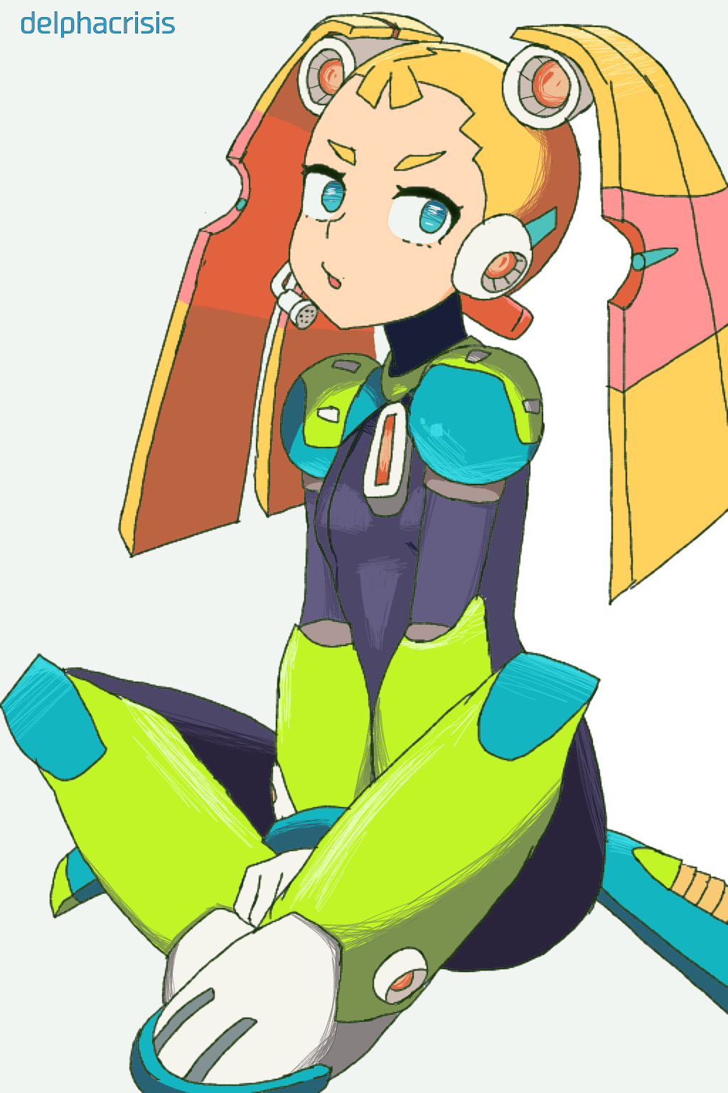 1girl android angry armor armored_boots black_bodysuit blonde_hair blue_armor blue_eyes bodysuit boots breasts capcom delpha_crisis gloves green_armor green_boots headset highres long_hair looking_at_viewer mechanical_hair mega_man_(series) mega_man_x8 mega_man_x_(series) open_mouth pallette_(mega_man) robot shoulder_armor sitting small_breasts twintails white_background white_gloves wrist_guards