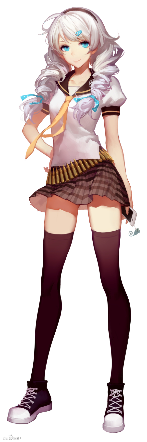 1girl ask_(askzy) black_socks blue_eyes bow cellphone curly_hair highres honkai_(series) kiana_kaslana phone shoes sneakers socks standing twintails white_hair yellow_bow