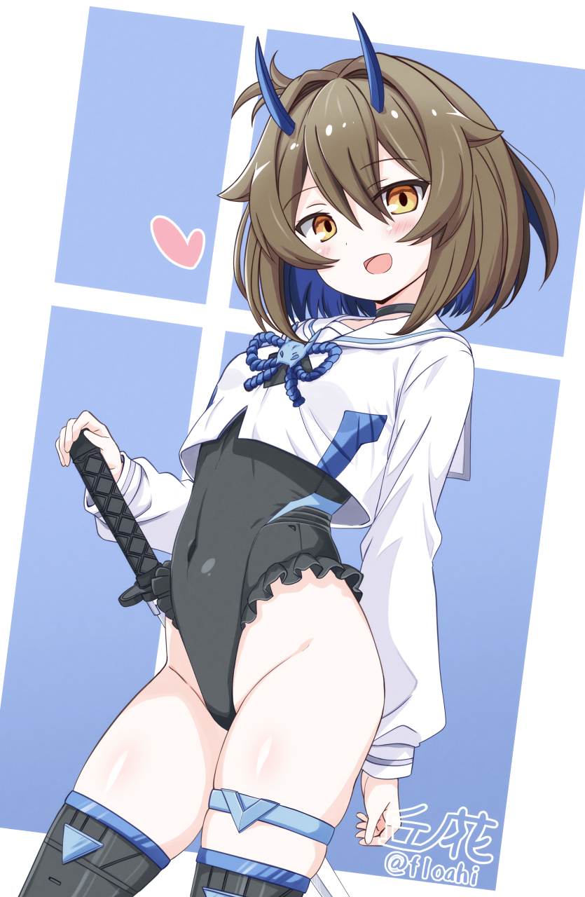 1girl 30_minutes_sisters black_leotard blue_hair brown_hair colored_inner_hair covered_navel floahi frilled_leotard frills hair_intakes heart highleg highleg_leotard highres katana leotard long_sleeves looking_at_viewer multicolored_hair oni sailor_collar shiny_clothes shiny_skin skindentation solo sourei_(30ms) standing sword thigh_strap weapon yellow_eyes