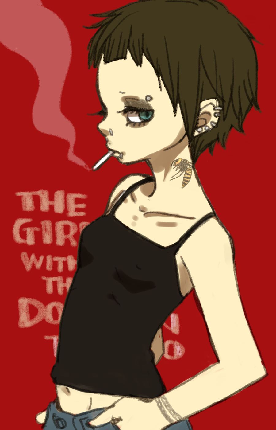 1girl aqua_eyes black_eyeshadow breasts brown_hair choppy_bangs cigarette collarbone copyright_name covered_erect_nipples ear_piercing earrings english_text eyebrow_piercing eyelashes eyeshadow goth_fashion hands_in_pockets highres jewelry lip_piercing lisbeth_salander looking_at_viewer makeup navel neck_tattoo nose_piercing petite piercing pixie_cut profile punk red_background ribs short_hair skinny small_breasts smoke smoking solo stud_earrings tattoo the_girl_with_the_dragon_tattoo typo upper_body wasp wasp_tattoo yukke