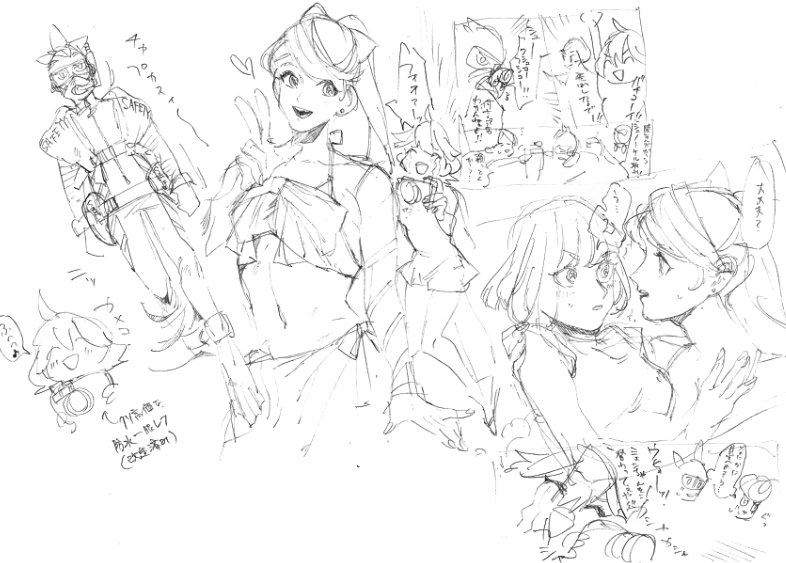 1boy 3girls arms_(game) kakiyakee_(k_key_5) mechanica_(arms) min_min_(arms) multiple_girls ninjara_(arms) ponytail ribbon_girl_(arms) short_hair sketch swimsuit