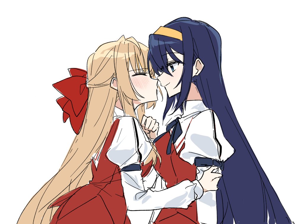 2girls blonde_hair blue_eyes blue_hair bow closed_mouth collared_shirt commentary_request couple danji_bang face-to-face from_side grabbing_another&#039;s_arm hair_between_eyes hair_bow hand_up headband himemiya_chikane incoming_kiss juliet_sleeves kannazuki_no_miko korean_commentary kurusugawa_himeko leaning_forward light_blush light_smile long_hair long_sleeves multiple_girls puckered_lips puffy_sleeves red_bow school_uniform shirt simple_background standing white_background yuri