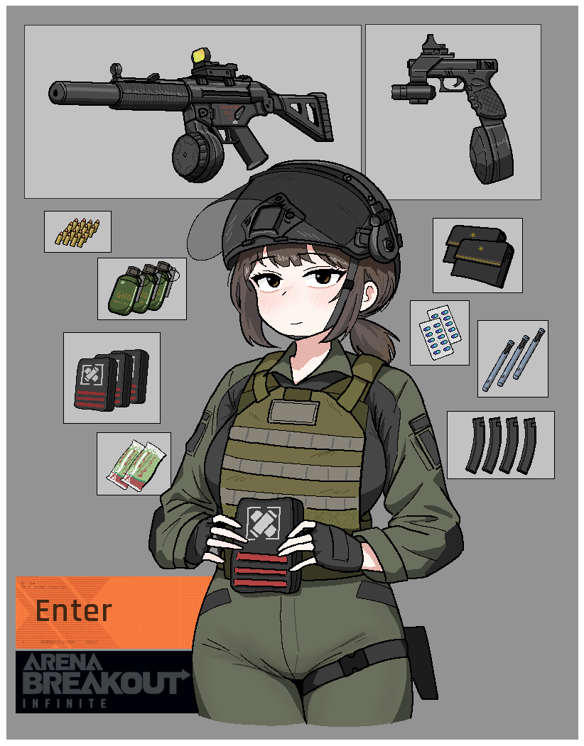 1girl ammunition arena_breakout border breasts brown_eyes brown_hair brown_jacket brown_pants buckle bulletproof_vest chin_strap cocktiel77 commentary_request drum_magazine english_text equipment_layout explosive face_shield fingerless_gloves first_aid_kit flashlight food_wrapper glock gloves grenade grey_background gun h&amp;k_mp5sd handgun helmet holding holding_first_aid_kit holster jacket korean_commentary long_hair magazine_(weapon) medium_breasts medium_hair military optical_sight pants pill ponytail sidelocks smile snap-fit_buckle solo submachine_gun suppressor syringe tactical_clothes thigh_holster upper_body weapon white_border