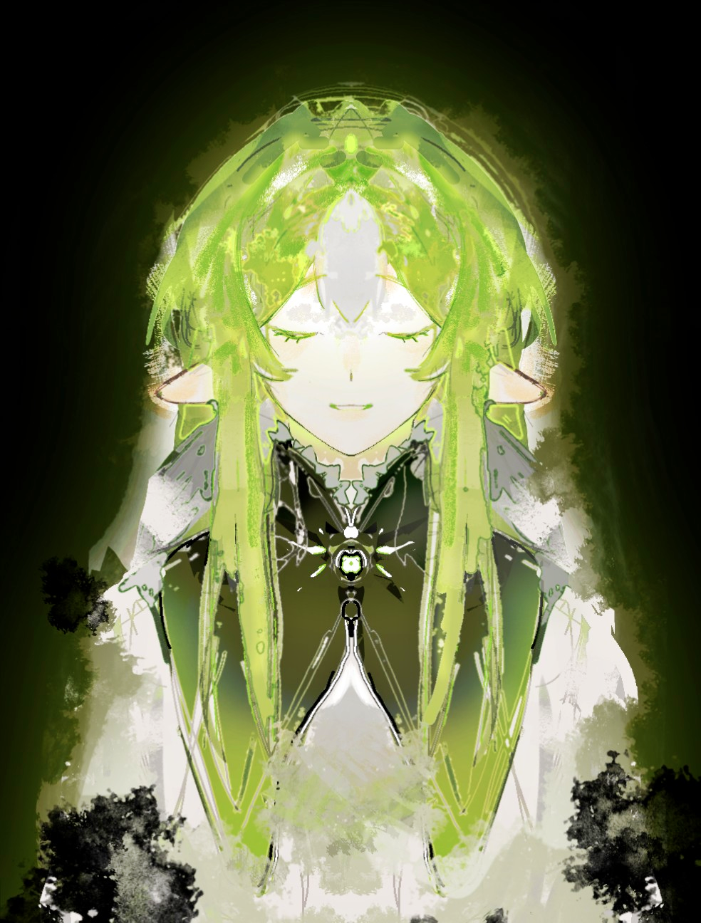 1girl chinese_commentary closed_eyes collared_shirt colored_bangs colored_eyelashes commentary_request eyelashes facing_viewer green_background green_hair heibaihuabing highres long_hair multicolored_hair open_mouth original pointy_ears puritan_collar shirt smile solo two-tone_hair upper_body white_hair white_shirt