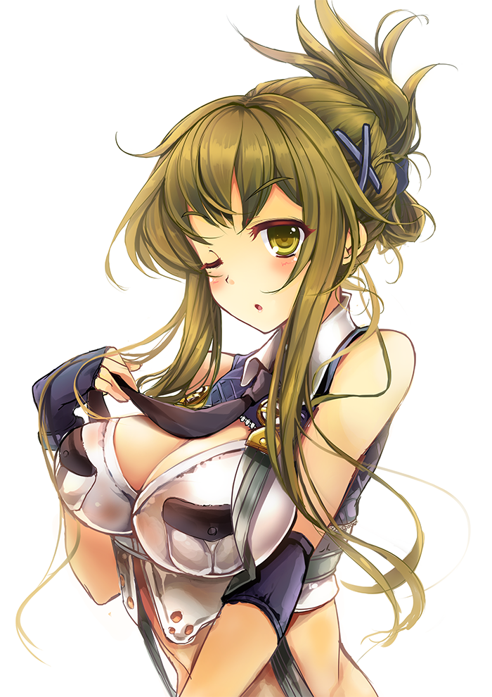 1girl ;o bare_shoulders black_gloves black_necktie black_ribbon breast_pocket breasts cleavage crop_top elbow_sleeve female_focus fingerless_gloves folded_ponytail gloves goushou green_hair hair_ornament hair_ribbon kisaragi_chitose large_breasts looking_at_viewer midriff necktie one_eye_closed pocket ribbon shirt sidelocks sleeveless sleeveless_shirt solo super_robot_wars super_robot_wars_v upper_body x_hair_ornament yellow_eyes