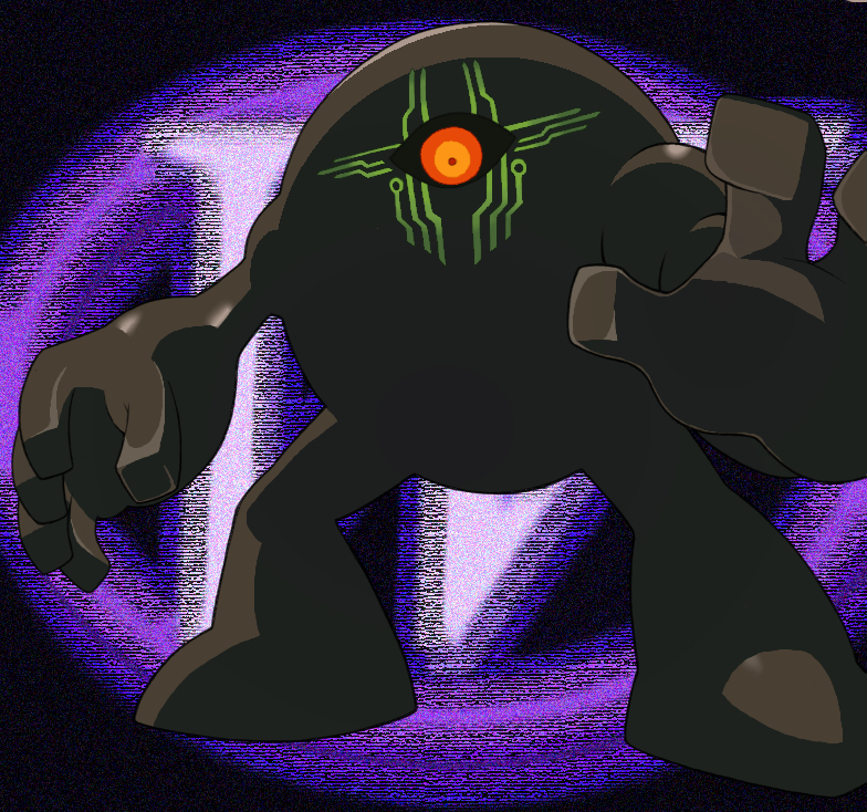 black_sclera black_skin circuit_board_print colored_sclera colored_skin commentary_request exis full_body looking_at_viewer mega_man_(series) mega_man_x5 mega_man_x_(series) monster monster_focus no_humans one-eyed red_eyes shadow_devil_(mega_man) slime_(substance) standing static
