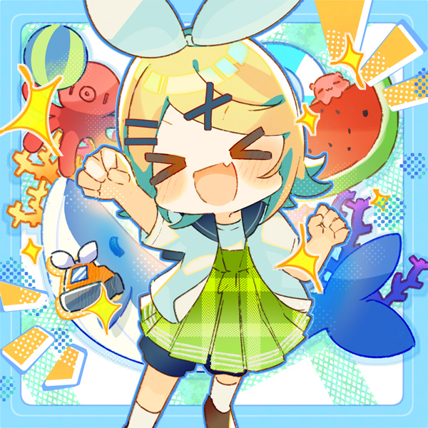 &gt;_&lt; 1girl arm_up ball beachball blonde_hair blush bow chibi clenched_hands closed_eyes fang food fruit hair_bow hair_ornament hairclip kagamine_rin octopus open_clothes open_mouth open_shirt pleated_skirt raised_fist sailor_collar short_hair short_sleeves shorts shorts_under_skirt skirt smile solo soriku steamroller umbrella_octopus vocaloid watermelon watermelon_slice whale x_hair_ornament