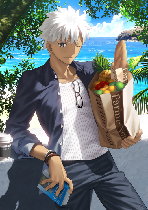 1boy ;) archer_(fate) archer_(summer_casual)_(fate) bag baguette beach bead_bracelet beads black_pants blue_shirt blue_sky book bracelet bread brown-framed_eyewear buttons closed_mouth cloud collarbone collared_shirt cowboy_shot cup dark-skinned_male dark_skin day disposable_coffee_cup disposable_cup elbow_rest eyewear_hang fate/grand_order fate_(series) food fruit grey_eyes holding holding_bag holding_book horizon jewelry looking_at_viewer male_focus multiple_bracelets ocean official_art one_eye_closed open_clothes open_shirt outdoors pants paper_bag pineapple sand shirt shirt_under_shirt short_hair sky smile solo spiked_hair sunlight takeuchi_takashi third-party_source three-quarter_sleeves tree unbuttoned unworn_eyewear water white_hair white_shirt wing_collar