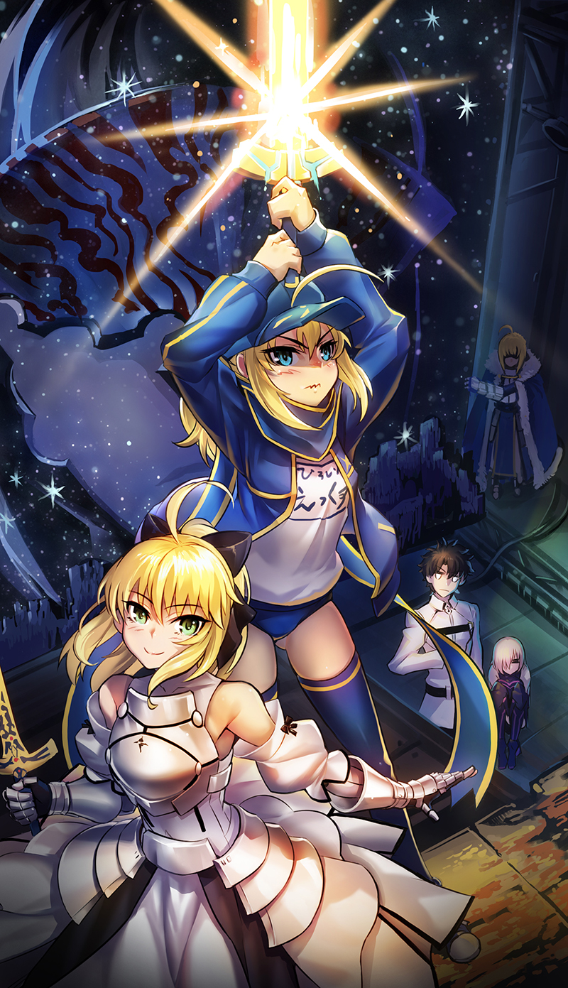 1boy 4girls ahoge armor armored_dress arms_up artoria_pendragon_(fate) black_hair black_legwear blonde_hair blue_buruma blue_cape blue_dress blue_hat blue_scarf blue_sweater breastplate buruma cape cardigan dress excalibur_(fate/stay_night) fate/grand_order fate_(series) fujimaru_ritsuka_(male) full_body gauntlets green_eyes hair_between_eyes hair_over_one_eye hat highres holding holding_sword holding_weapon looking_at_viewer mash_kyrielight mash_kyrielight_(demi-servant) multiple_girls mysterious_heroine_x_(fate) mysterious_heroine_x_(second_ascension)_(fate) open_cardigan open_clothes saber_(fate) saber_lily scarf shirt short_hair_with_long_locks sidelocks silver_hair sitting smile snowflakes standing sweater sword thighhighs todee visor_cap weapon white_dress white_shirt