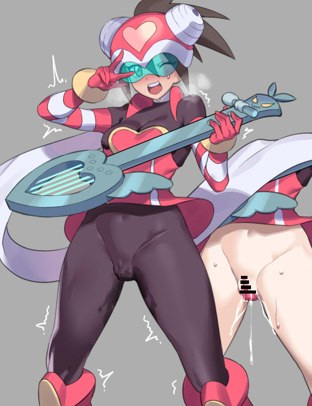 1girl assault_visor bar_censor black_bodysuit blue-tinted_eyewear blush bodysuit breasts brown_eyes brown_hair censored cosplay dildo dress guitar harp_note_(mega_man) harp_note_(mega_man)_(cosplay) helmet high_ponytail holding holding_guitar holding_instrument hope_stelar_(mega_man) instrument large_breasts long_hair mega_man_(series) mega_man_star_force_(series) motion_lines multiple_views object_insertion ponytail pussy pussy_juice red_dress red_helmet sex_toy strapless tinted_eyewear trembling ukimukai v variant_set