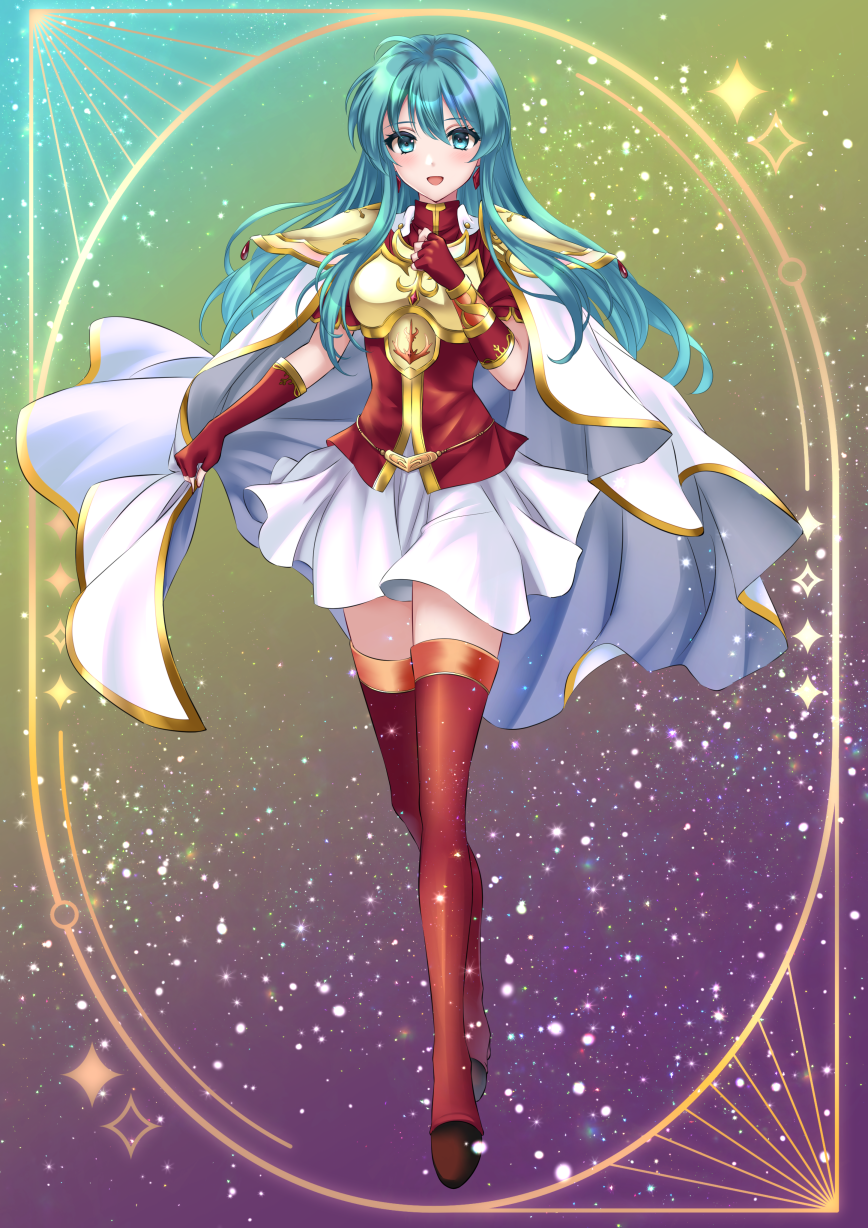 1girl :d aqua_eyes aqua_hair armor boots breastplate cape commission earrings eirika_(fire_emblem) fingerless_gloves fire_emblem fire_emblem:_the_sacred_stones gloves gradient_background highres holding holding_unworn_cape holding_unworn_clothes jewelry kakiko210 long_hair looking_at_viewer nintendo open_mouth red_boots red_gloves red_shirt red_thighhighs shirt short_sleeves shoulder_armor sidelocks skeb_commission skirt smile solo thigh_boots thighhighs unworn_cape white_cape white_skirt