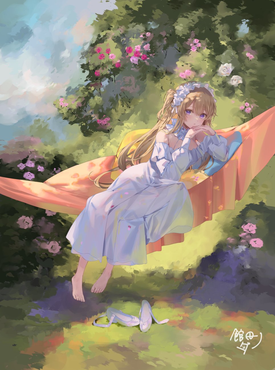 1girl arm_support barefoot blonde_hair commentary_request double-parted_bangs dress flower frilled_hairband frills full_body hair_between_eyes hairband hammock highres interlocked_fingers kanda_done light_blush long_dress long_hair long_sleeves looking_at_viewer off-shoulder_dress off_shoulder original outdoors own_hands_clasped own_hands_together parted_lips pink_flower plant purple_eyes ribbon shoes side_ponytail sitting solo unworn_shoes white_dress white_hairband white_ribbon white_shoes