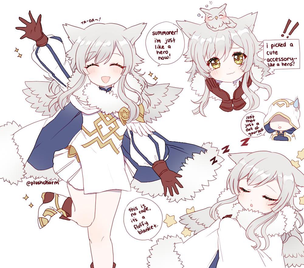 armor bird cape english_text feather_trim feh_(fire_emblem_heroes) fire_emblem fire_emblem_heroes fur_trim gloves grey_hair grey_wings humanization leather leather_gloves nintendo owl owl_ears owl_girl plushcharm skirt sleeping third-party_source white_background wings yellow_eyes