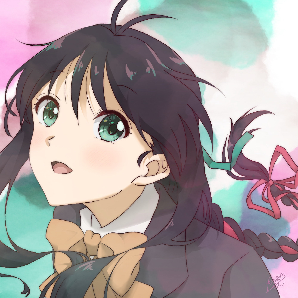 1girl 22/7 :d artist_name black_hair black_jacket bow bowtie braid braided_ponytail floating_hair green_eyes green_ribbon hair_ribbon jacket long_hair looking_up mickey_foufoufo multicolored_background open_mouth red_ribbon ribbon shirt smile solo three_quarter_view upper_body white_shirt yagami_toa yellow_bow yellow_bowtie