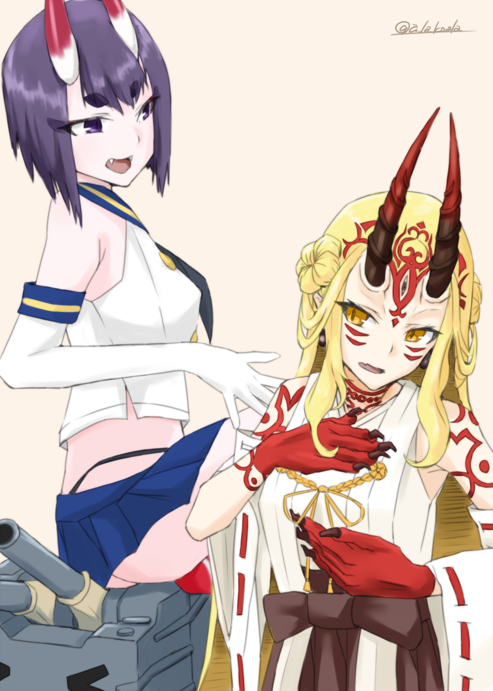 2girls alakoala blonde_hair cosplay fate/grand_order fate_(series) highres horns ibaraki_douji_(fate) kantai_collection kongou_(kancolle) kongou_(kancolle)_(cosplay) long_hair multiple_girls oni purple_hair shimakaze_(kancolle)_(cosplay) shimakaze_(kancolle) short_hair shuten_douji_(fate)