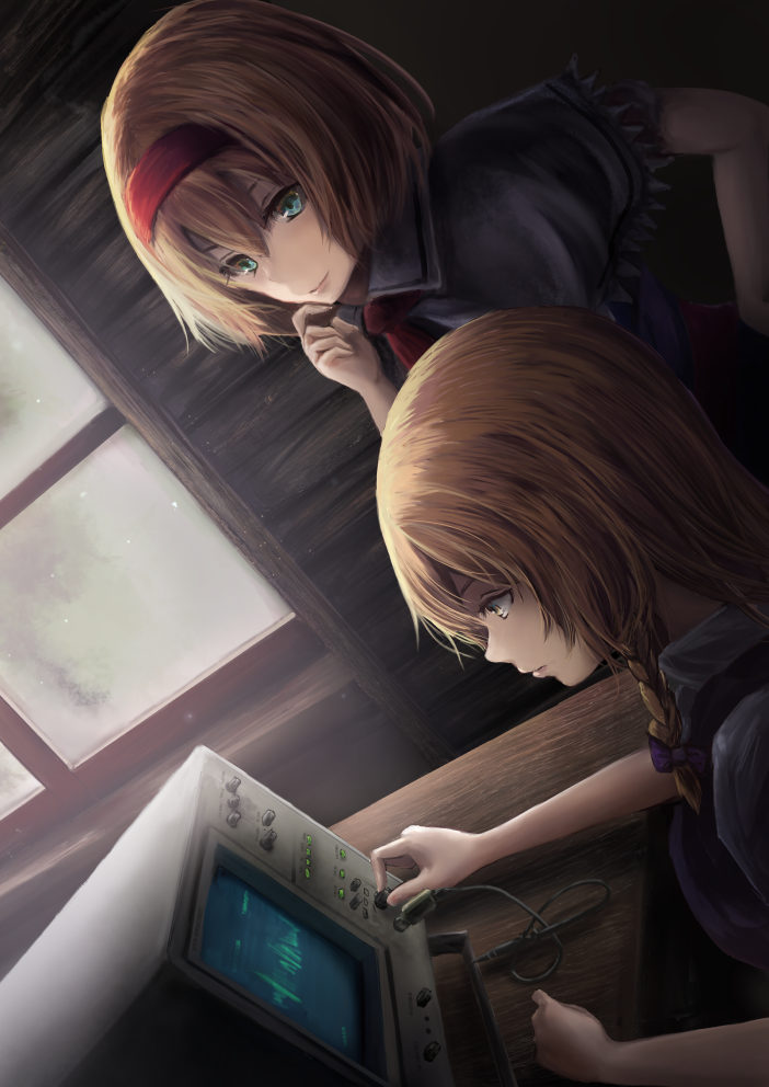2girls alice_margatroid blonde_hair bow braid capelet green_eyes grey_capelet hair_between_eyes hair_bow hairband indoors kirisame_marisa kisuke1212 leaning_forward multiple_girls necktie oscilloscope purple_bow red_hairband red_neckwear shirt short_hair short_sleeves single_braid smile touhou white_shirt window yellow_eyes