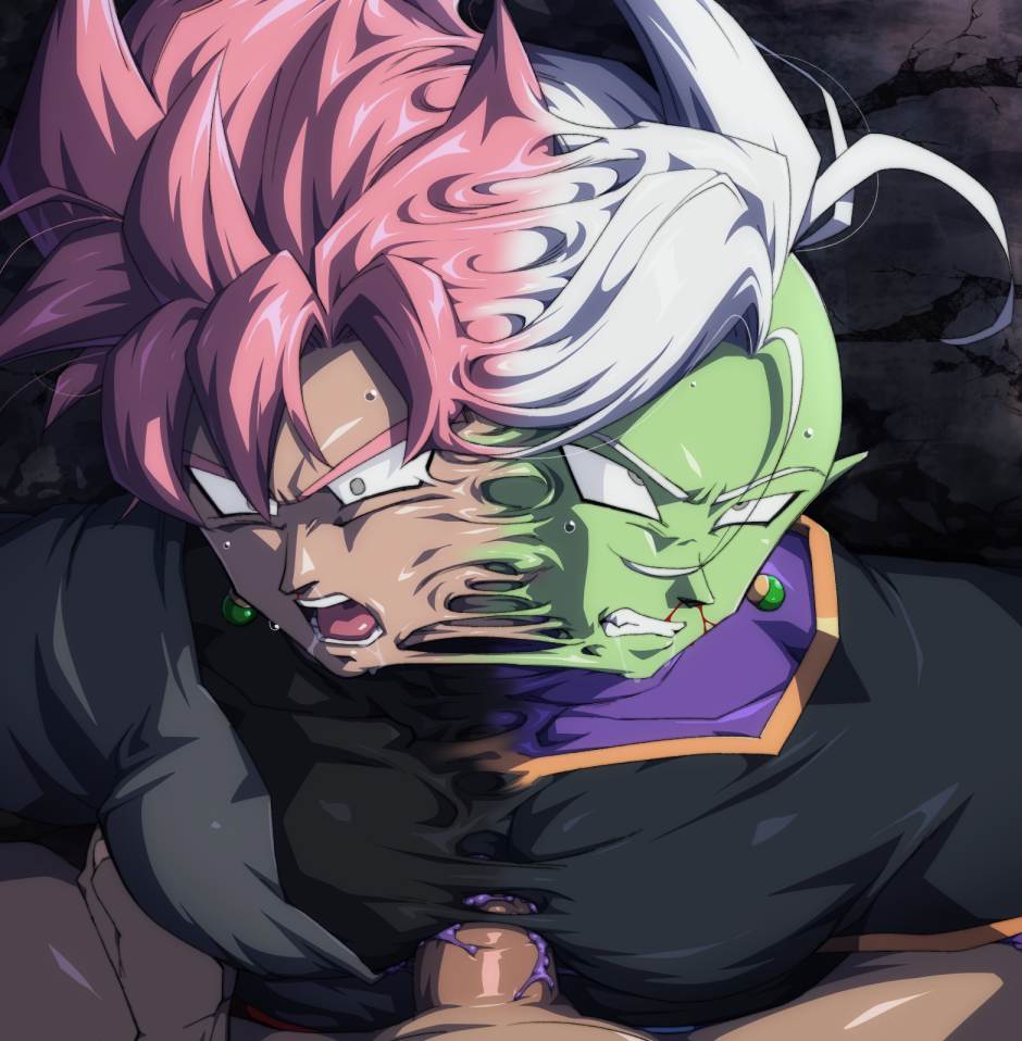 3boys between_pectorals black_dougi black_shirt black_undershirt blood clenched_teeth colored_skin commentary constricted_pupils dougi dragon_ball dragon_ball_super drooling earrings from_above fuse goku_black gold_trim green_skin grey_eyes grey_tunic jacket jewelry kaioushin liquid long_sleeves male_focus medium_hair mesh multiple_boys nosebleed oguri_shun open_mouth penis pink_hair pointy_ears potara_earrings pov pov_crotch purple_liquid purple_shirt purple_undershirt rubble shiny_skin shirt spiked_hair sweatdrop teeth tunic undershirt unworn_earring veins white_hair yaoi zamasu