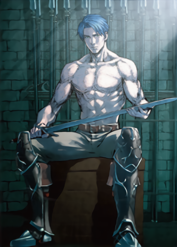 1boy abs blue_hair dark_blue_hair fire_emblem fire_emblem:_radiant_dawn fire_emblem_cipher full_body green_eyes holding holding_sword holding_weapon iwamoto_tatsurou leg_armor male_focus nintendo no_nipples official_art pectorals polearm scan short_hair sitting sword third-party_source toned toned_male topless_male weapon zelgius_(fire_emblem)