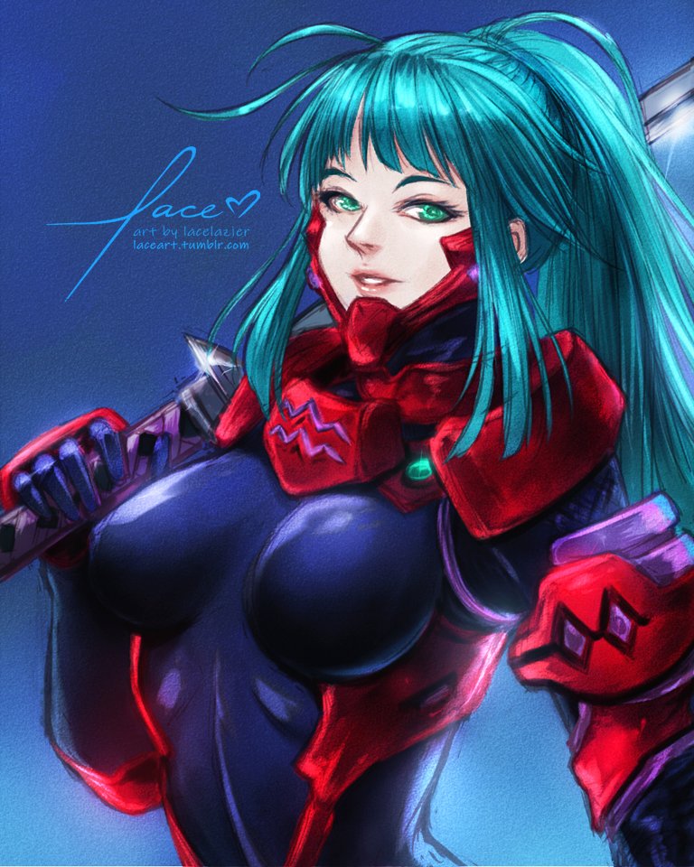 1girl ahoge armor blue_eyes blue_hair bodysuit breasts female_focus fortified_suit gloves green_eyes green_hair holding holding_sword holding_weapon lacelazier large_breasts long_hair mecha_pilot_suit muv-luv pilot_suit ponytail signature smile solo sword tsukuyomi_mana weapon