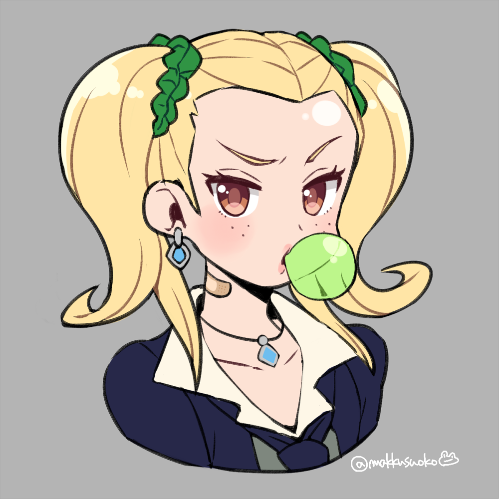 1girl ayase_yuka bandaid bandaid_on_neck blonde_hair brown_eyes chewing_gum collarbone do_m_kaeru freckles hair_ornament hair_scrunchie jewelry lips long_hair looking_at_viewer necklace necktie persona persona_1 school_uniform scrunchie simple_background sketch solo st._hermelin_school_uniform twintails twitter_username