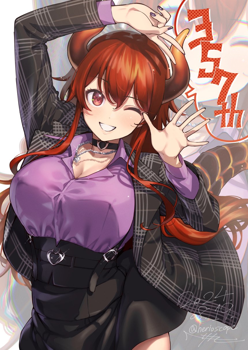 1girl black_choker black_shirt black_skirt breasts choker cleavage cropped_legs dola_(nijisanji) dragon_girl dragon_horns dragon_tail hair_between_eyes herio highres horns large_breasts long_hair long_sleeves looking_at_viewer nijisanji one_eye_closed purple_shirt red_eyes red_hair shirt sidelocks skirt smile solo tail teeth virtual_youtuber waving