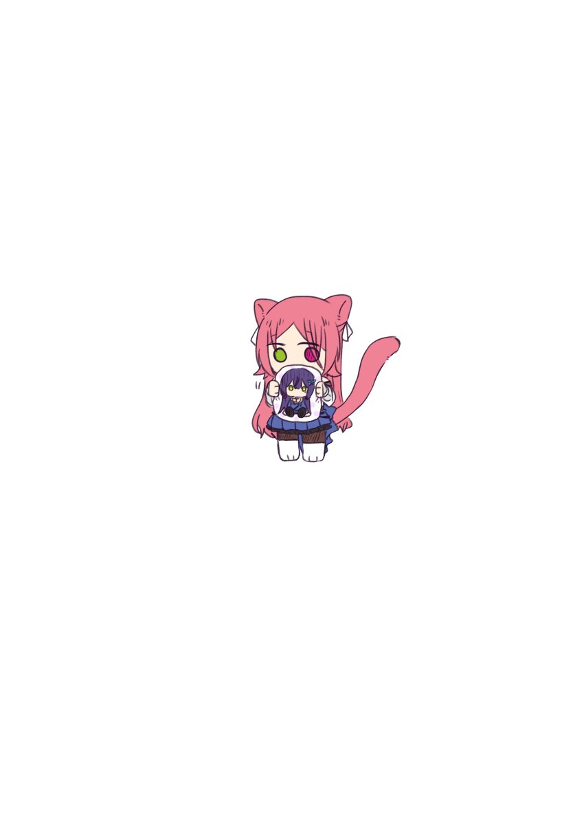 1girl animal_ears assault_lily blue_skirt boots brown_pantyhose cat_ears cat_girl cat_tail character_print chibi covered_mouth detached_sleeves full_body funada_kiito green_eyes hair_ribbon hands_up heterochromia holding holding_pillow kemonomimi_mode long_hair long_sleeves looking_at_object looking_down miniskirt nigari_(ngari_0115) no_pupils odaiba_girls_high_school_uniform pantyhose parted_bangs paw_shoes pillow pleated_skirt print_pillow red_eyes red_hair ribbon school_uniform shiba_tomoshibi simple_background skirt solo standing tail tail_raised very_long_hair white_background white_boots white_ribbon