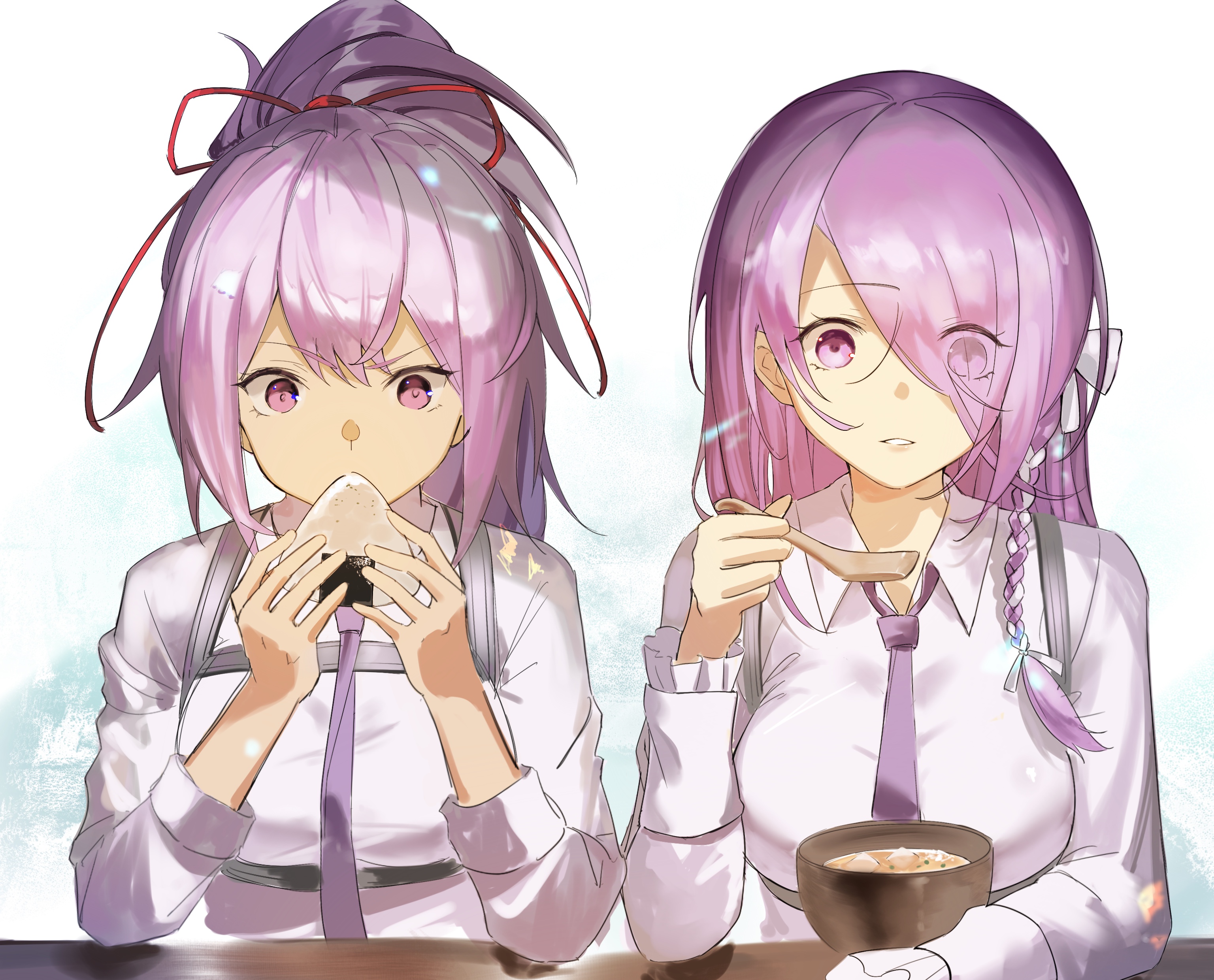 2girls absurdres braid breasts chest_harness dark_skin eating food hair_over_one_eye hair_ribbon harness heaven_burns_red highres kr_woyue kura_satomi large_breasts long_hair long_sleeves multiple_girls necktie onigiri pink_hair ponytail red_eyes red_ribbon ribbon shirt tsukishiro_monaka very_long_hair white_shirt