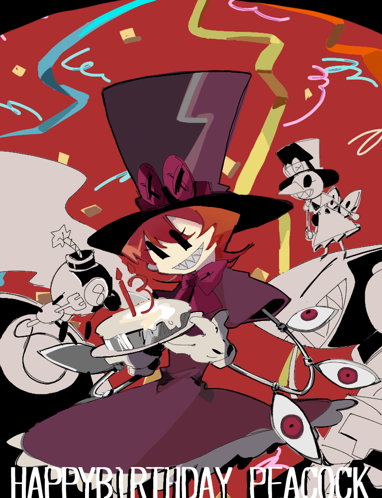 1girl andy_anvil artist_request avery_(skullgirls) birthday bow bowtie cake candle character_name confetti cyborg dress food george_the_bomb gloves grin hat lenny_the_bomb orange_hair peacock_(skullgirls) pie red_background sharp_teeth short_hair skullgirls smile streamers teeth top_hat