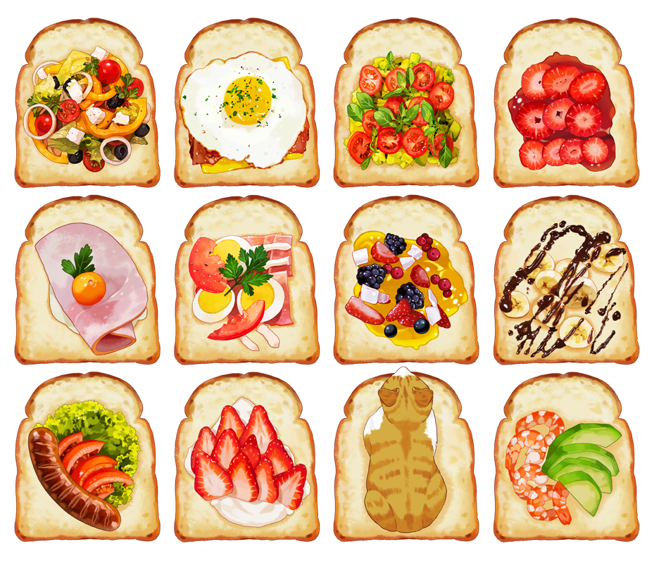 animal_focus avocado bacon banana bell_pepper blackberry_(fruit) bread bread_slice cat cheese cherry_tomato chocolate_syrup currant food food_focus fried_egg fried_egg_on_toast from_above fruit garnish ham hardboiled_egg herb honey jam korean_commentary lettuce no_humans olive on_food onion original salad sausage shrimp simple_background slothm22 strawberry toast tomato whipped_cream white_background