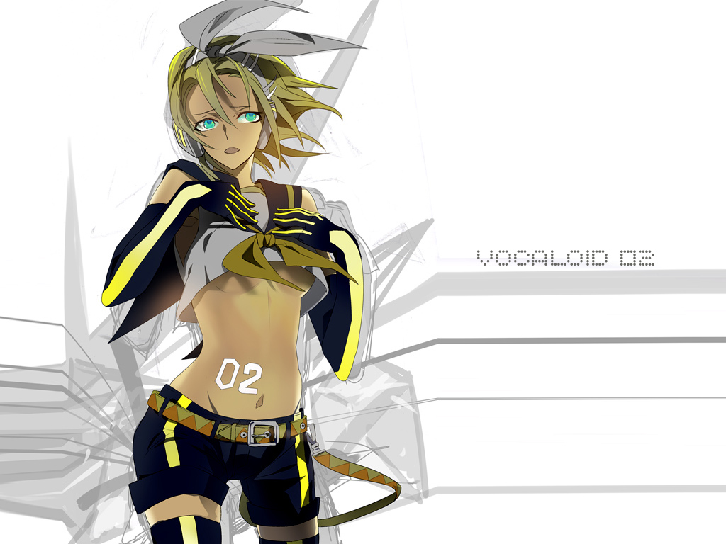 1girl aqua_eyes bad_id bad_pixiv_id belt blonde_hair breasts elbow_gloves female_focus gloves hair_ribbon headphones kagamine_rin midriff navel ribbon serori short_hair shorts solo thighhighs underboob vocaloid white_background