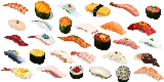fish_(food) food grated_daikon gunkanmaki hisachan55cute ikura_(food) inarizushi makizushi no_humans nori_(seaweed) original pixel_art rice sashimi scenery seafood shrimp simple_background sushi too_much_food white_background