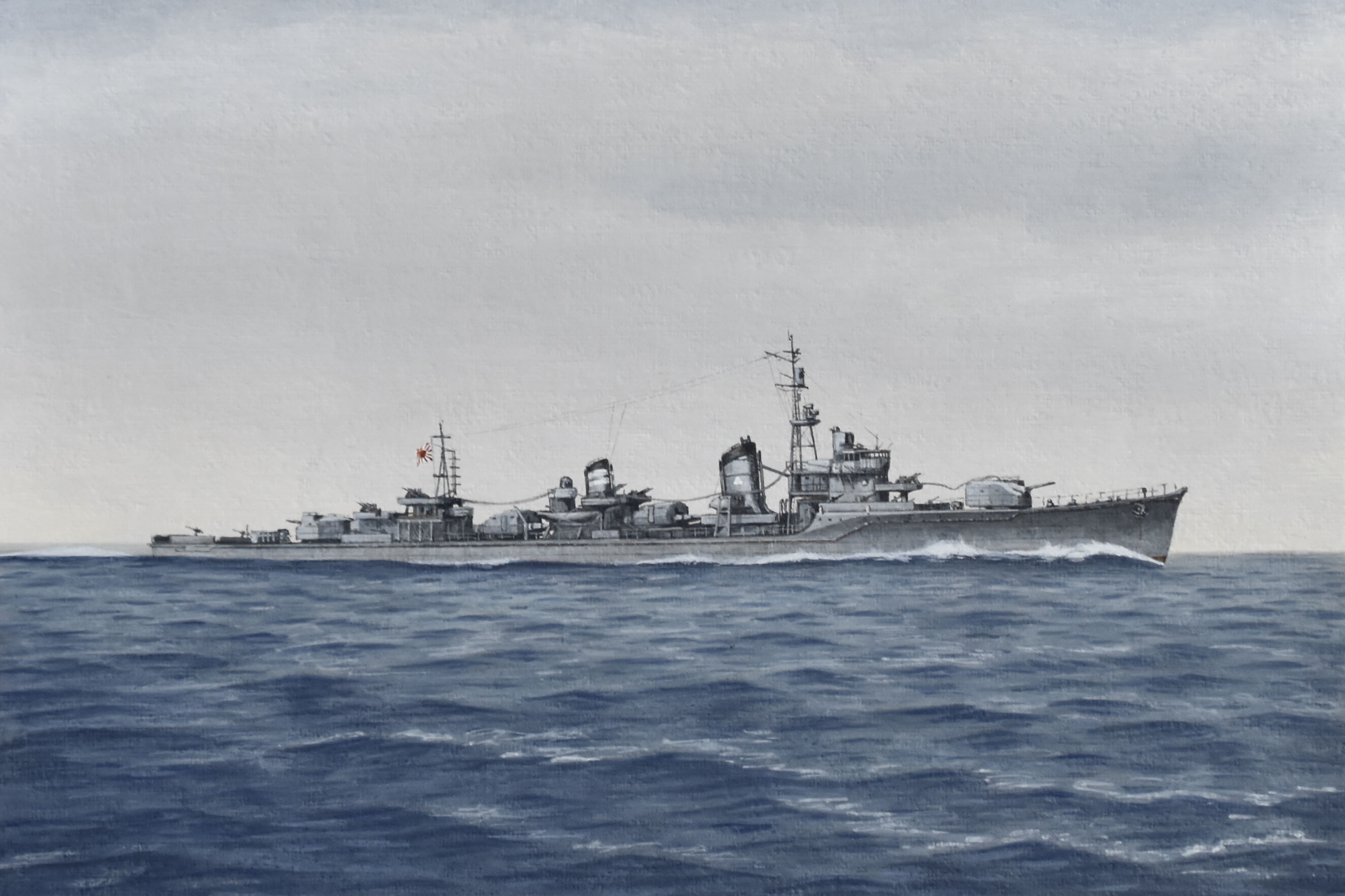 acrylic_paint_(medium) atelier_bono cannon destroyer flag highres imperial_japanese_navy mast military_vehicle no_humans ocean original painting_(medium) ship ship_turret sky smoke smokestack traditional_media vehicle_focus warship watercraft yukikaze_(destroyer)