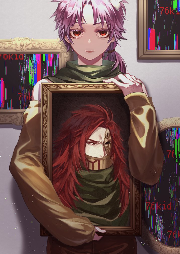 1boy brown_pants closed_mouth colored_eyelashes commentary_request cowboy_shot detached_sleeves dita_iliner eigha_iliner eyelashes green_shirt holding_portrait kazuya_hatoko long_hair pants parted_bangs picture_frame pink_hair portrait_(object) red_eyes red_hair saibou_shinkyoku sanpaku shirt solo yellow_sleeves