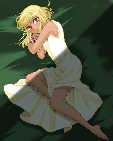 10s 1girl artist_request barefoot blonde_hair dark_skin dark-skinned_female dress female_focus looking_at_viewer lying on_bed pallas saint_seiya saint_seiya_omega solo